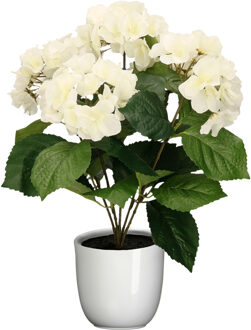 Hortensia kunstplant/kunstbloemen 40 cm - wit - in pot wit glans