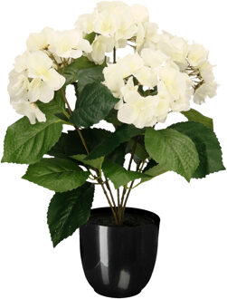 Hortensia kunstplant/kunstbloemen 40 cm - wit - in pot zwart glans - Kunstplanten