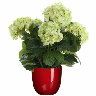 Hortensia kunstplant/kunstbloemen 45 cm - groen - in pot rood glans - Kunstplanten