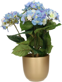 Hortensia kunstplant met bloemen blauw - in pot goud - 40 cm hoog - Kunstplanten Goudkleurig