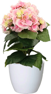 Hortensia kunstplant met bloemen lichtroze - in pot wit - 40 cm hoog - Kunstplanten