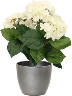 Hortensia kunstplant met bloemen wit - in pot zilver metallic - 40 cm hoog - Kunstplanten Zilverkleurig