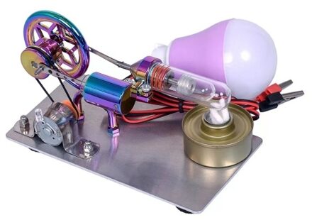 Hot Air Stirling Engine Motor Model Electricity Generator Motor with LED Bulb Six-pointed Star Pattern Flywheel