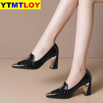 HOT Fashion Leather Shoes Women Loafers Black Pointed Toe PU High Heels Women Pumps Shoes Lace-up Thick Heels Female Party Shoes