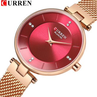 Hot Fashion Stainless Steel Mesh Watch For Women Relogio Feminino CURREN 2018 Ladies Quartz Bracelet Watch Pomegranate Red Dial