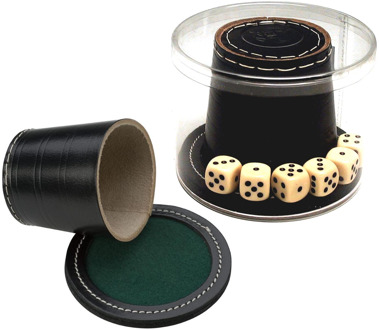 HOT Games Dobbelbeker Leder Zwart + Dobbelstenen (8,5 x 9 cm)