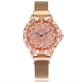 Hot Sale Lucky Women Wrist Watches Rose Gold Rotating Flower Watches relogio feminino Fashion Diamond Magnetic Quartz Clock