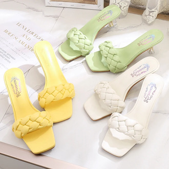 Hot Sale Weave High Heels Slippers Elegant Women Pumps 2020 Leisure Slip-on Office Thin Heel Charm Square Head Lady Shoes