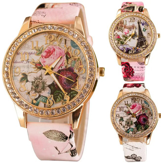 HOT SALES!!! Women Rhinestone Inlaid Flower Round Dial Faux Leather Band Quartz Wrist Watch Fashion Quartz Wrist Watch Women