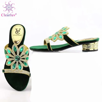 Hot Selling In Nigerian Green Shining Crystal Decorated On 7cm Strange Heels African Wedding Shoe Peep Toe Slipper High Quality