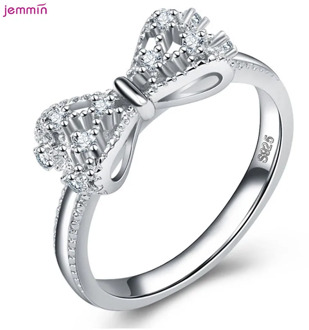 Hot Silver Bow Knot Ring Cubic Zircon 925 Sterling Silver Ring for Women Girls Engagement Finger Rings Jewelry Party Gift