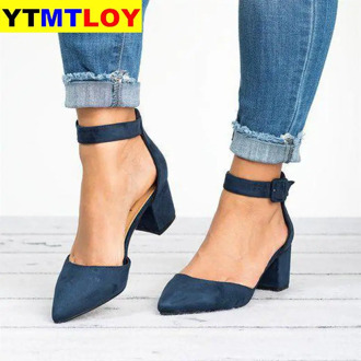 Hot Square High Heels Female Shoes Woman 2020 Flock Ankle Straps Slingback Women Office Career Sandals Casual Nude Wedding Pumps