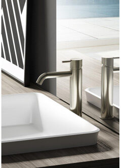 Hotbath Cobber 1-hendel wastafelmengkraan 21,6 cm hoog met gebogen uitloop van 13,5 cm, geborsteld nikkel