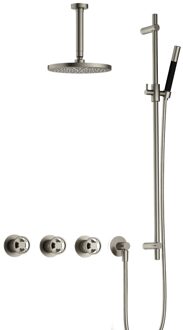 Hotbath Cobber @work complete thermostatische douche inbouwset met 2 stopkranen en plafondbuis 15 cm en glijstang, geborsteld nikkel