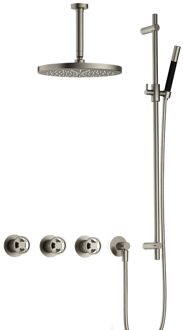 Hotbath Cobber @work complete thermostatische douche inbouwset met 2 stopkranen en plafondbuis 15 cm, m106 en glijstang, geborsteld nikkel