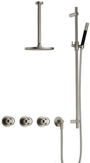 Hotbath Cobber @work complete thermostatische douche inbouwset met 2 stopkranen en plafondbuis 30 cm en glijstang, geborsteld nikkel