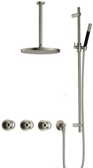 Hotbath Cobber @work complete thermostatische douche inbouwset met 2 stopkranen en plafondbuis 30 cm, m106 en glijstang, geborsteld nikkel