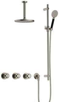 Hotbath Cobber @work complete thermostatische douche inbouwset met 2 stopkranen en ronde handdouche, plafondbuis 15 cm en glijstang, geborsteld nikkel