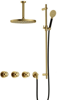 Hotbath Cobber @work complete thermostatische douche inbouwset met 2 stopkranen en ronde handdouche, plafondbuis 15 cm, m106 en glijstang, geborsteld