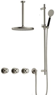 Hotbath Cobber @work complete thermostatische douche inbouwset met 2 stopkranen en ronde handdouche, plafondbuis 30 cm en glijstang, geborsteld nikkel