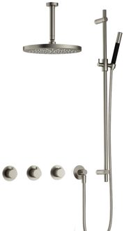 Hotbath Cobber complete thermostatische douche inbouwset cobber 70 met 2 stopkranen met plafondbuis 15 cm, 30 cm hoofddouche en glijstang, geborsteld