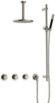 Hotbath Cobber complete thermostatische douche inbouwset cobber 70 met 2 stopkranen met plafondbuis 15 cm en glijstang, geborsteld nikkel