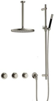 Hotbath Cobber complete thermostatische douche inbouwset cobber 70 met 2 stopkranen met plafondbuis 30 cm, 30 cm hoofddouche en glijstang, geborsteld