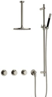 Hotbath Cobber complete thermostatische douche inbouwset cobber 70 met 2 stopkranen met plafondbuis 30 cm en glijstang, geborsteld nikkel