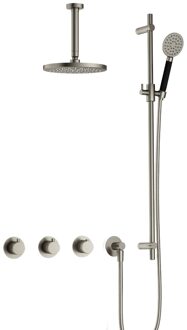 Hotbath Cobber complete thermostatische douche inbouwset cobber 70 met 2 stopkranen met ronde handdouche, plafondbuis 15 cm en glijstang, geborsteld