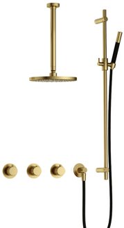 Hotbath Cobber X complete thermostatische douche inbouwset cobberx 70 met 2 stopkranen met plafondbuis 30 cm en glijstang, geborsteld messing pvd