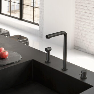 Hotbath Fellow keukenmengkraan driegats met draaibare uitloop en uitneembare handdouche geborsteld messing FKM19BB Messing geborsteld (goud)