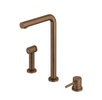 Hotbath Keukenmengkraan Hotbath Fellow 3-gats Draaibare Uitloop en Uitneembare Handdouche Verouderd Messing Living Colours