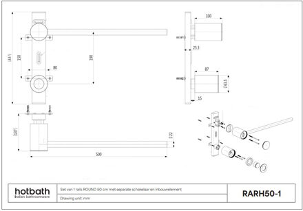 Hotbath &MORE set van 1 rails RARH 50 ROUND 50 cm met separate schakelaar en inbouw element Geborsteld Messing PVD (RARH50-1BBP) Goud