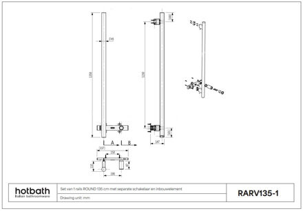 Hotbath &MORE set van 1 rails RARV135 ROUND135 cm met separate schakelaar en inbouw element Geborsteld Messing PVD (RARV135-1BBP) Goud