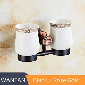Houders Retro Zwart tandenborstelhouder Wall Mounted Dubbele Bekerhouders Massief Messing Materiaal Badkamer Montage 6308 zwart en roos goud