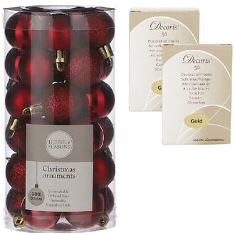 House of Seasons 30x Kleine kunststof kerstballen rood 3 cm inclusief kerstbalhaakjes