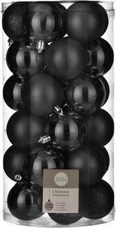 House of Seasons 30x stuks kunststof kerstballen zwart 6 cm