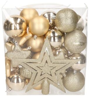 House of Seasons 39x stuks kunststof kerstballen en kerstornamenten met ster piek champagne mix - Kerstbal Champagnekleurig