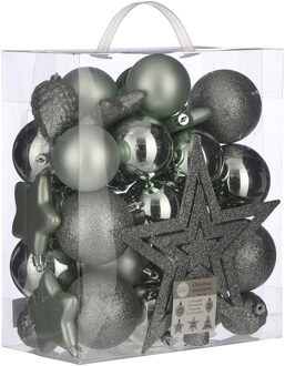 House of Seasons 39x stuks kunststof kerstballen en kerstornamenten met ster piek groen mix