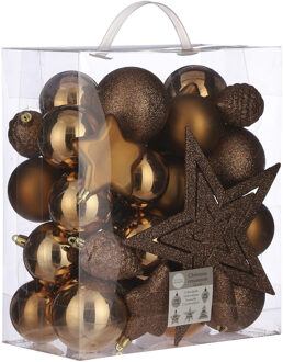 House of Seasons 39x stuks kunststof kerstballen en kerstornamenten met ster piek koper mix