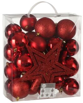 House of Seasons 39x stuks kunststof kerstballen en kerstornamenten met ster piek rood mix - Kerstbal