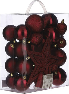 House of Seasons 39x stuks kunststof kerstballen en kerstornamenten met ster piek rood mix