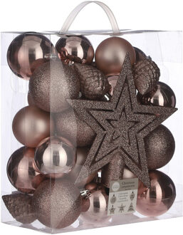 House of Seasons 39x stuks kunststof kerstballen en kerstornamenten met ster piek roze mix - Kerstbal