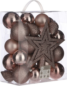 House of Seasons 39x stuks kunststof kerstballen en kerstornamenten met ster piek roze mix