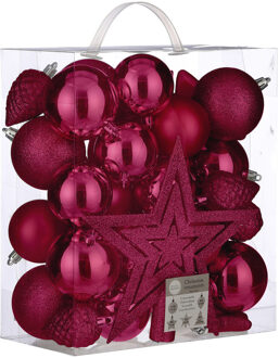 House of Seasons 39x stuks kunststof kerstballen en kerstornamenten met ster piek roze mix