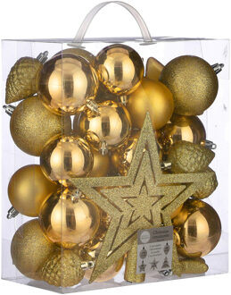House of Seasons 39x stuks kunststof kerstballen en kerstornamenten met ster piek warm goud mix Geel