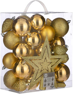 House of Seasons 39x stuks kunststof kerstballen en kerstornamenten met ster piek warm goud mix