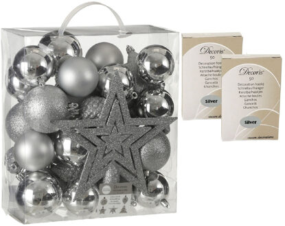 House of Seasons 39x stuks kunststof kerstballen en kerstornamenten met ster piek zilver inclusief kerstbalhaakjes