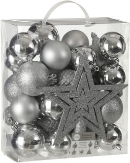 House of Seasons 39x stuks kunststof kerstballen en kerstornamenten met ster piek zilver mix - Kerstbal Zilverkleurig