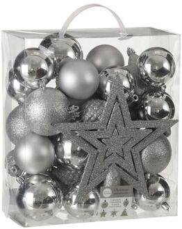 House of Seasons 39x stuks kunststof kerstballen en kerstornamenten met ster piek zilver mix - Kerstbal Zilverkleurig
